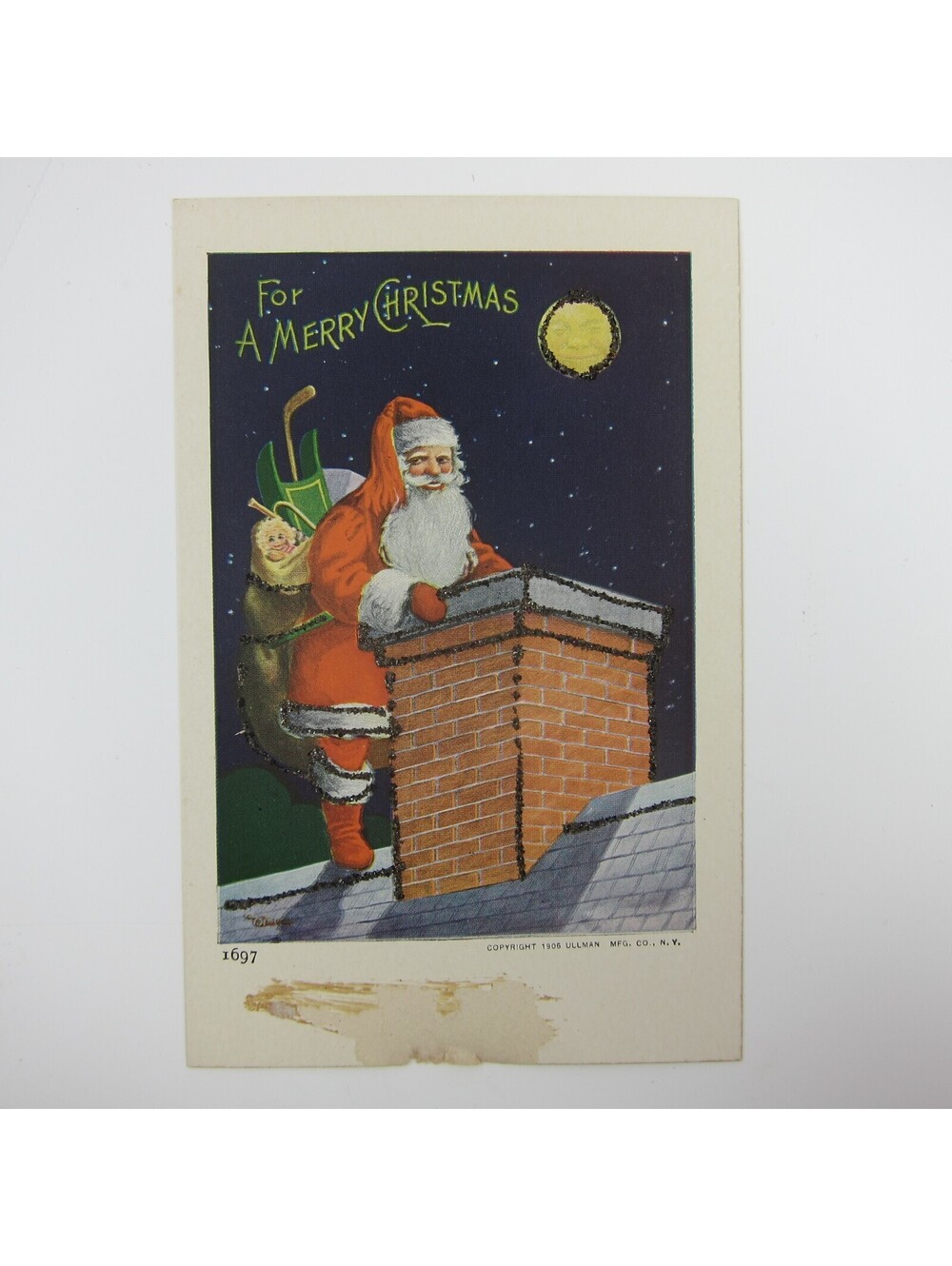 Vintage Christmas Postcard Santa Chimney Toys Moon Face Glitter Antique 1906